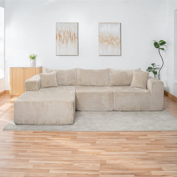 Naomi Home 110" Modular Cloud Sectional Sofa with Chaise, Deep Seat L Shape Couch, Soft Corduroy Fabric, Beige