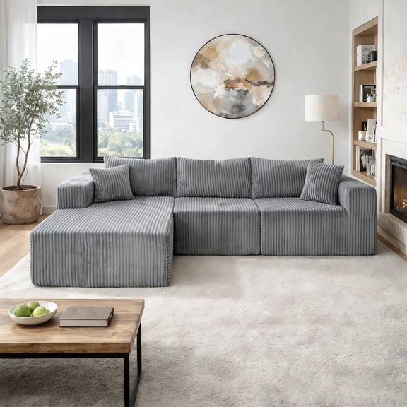 Naomi Home 110" Modular Cloud Sectional Sofa with Chaise, Deep Seat L Shape Couch, Soft Corduroy Fabric, Gray