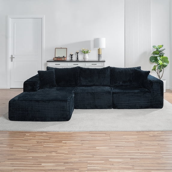 110" Modular Cloud Sectional Sofa with Chaise, Deep Seat L Shape Couch, Oversized Modern Modular Sofa, Upholstered Boneless Sectional, Soft Corduroy Fabric, Black