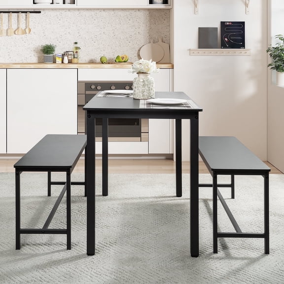 Naomi Home Paola Dining Table Set with 2 Benches, 3-Piece Kitchen Dining Set for 4, Black