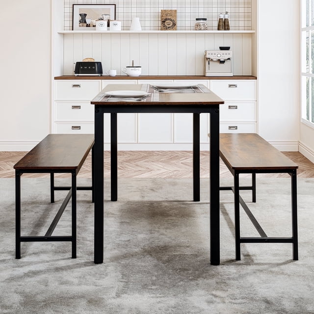 Naomi Home Paola 3-Piece Dining Table Set with 2 Benches, Space-Saving Kitchen & Dining Room Furniture Set for 4,Brown