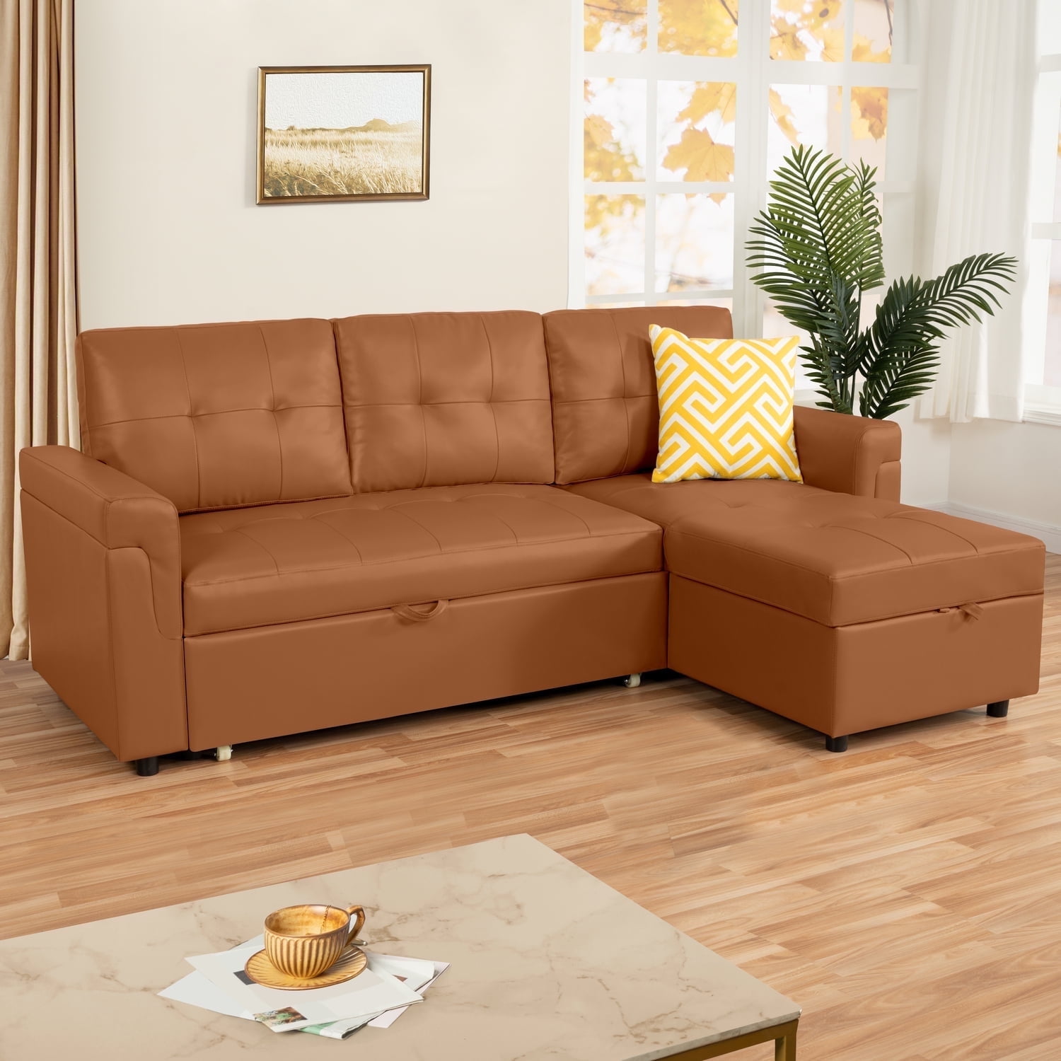 Naomi Home Perry Modern Leather Sectional Sofa with Storage Chaise-Color:Caramel,Fabric:Air Leather