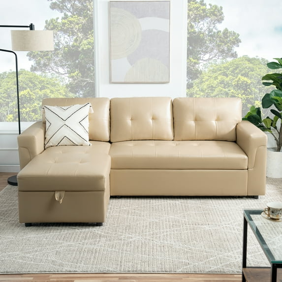 Naomi Home Perry Modern Sectional Sofa with Storage Chaise-Color:Beige,Fabric:Air Leather