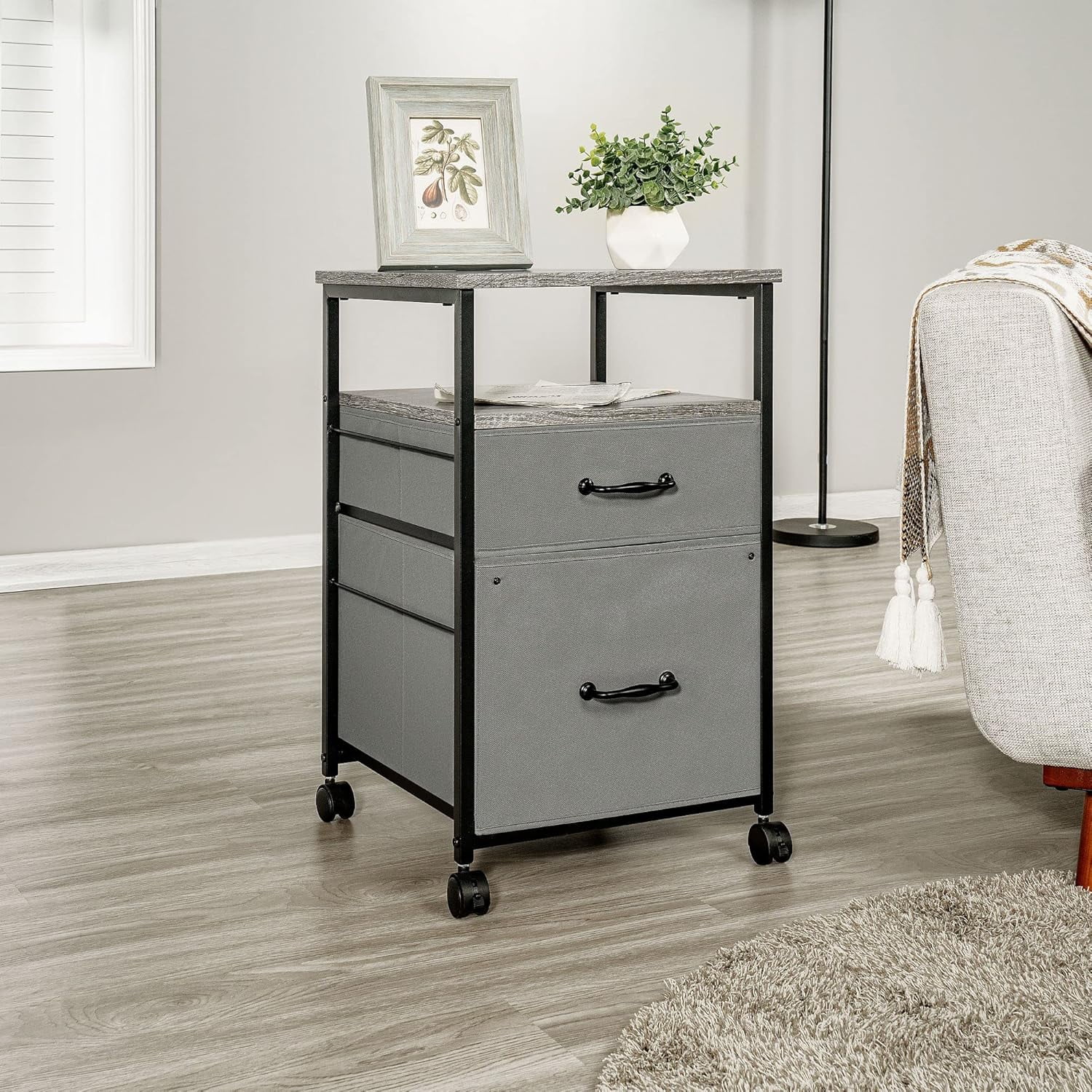 Gray Metal and Wood Rolling 2-Drawer Nightstand
