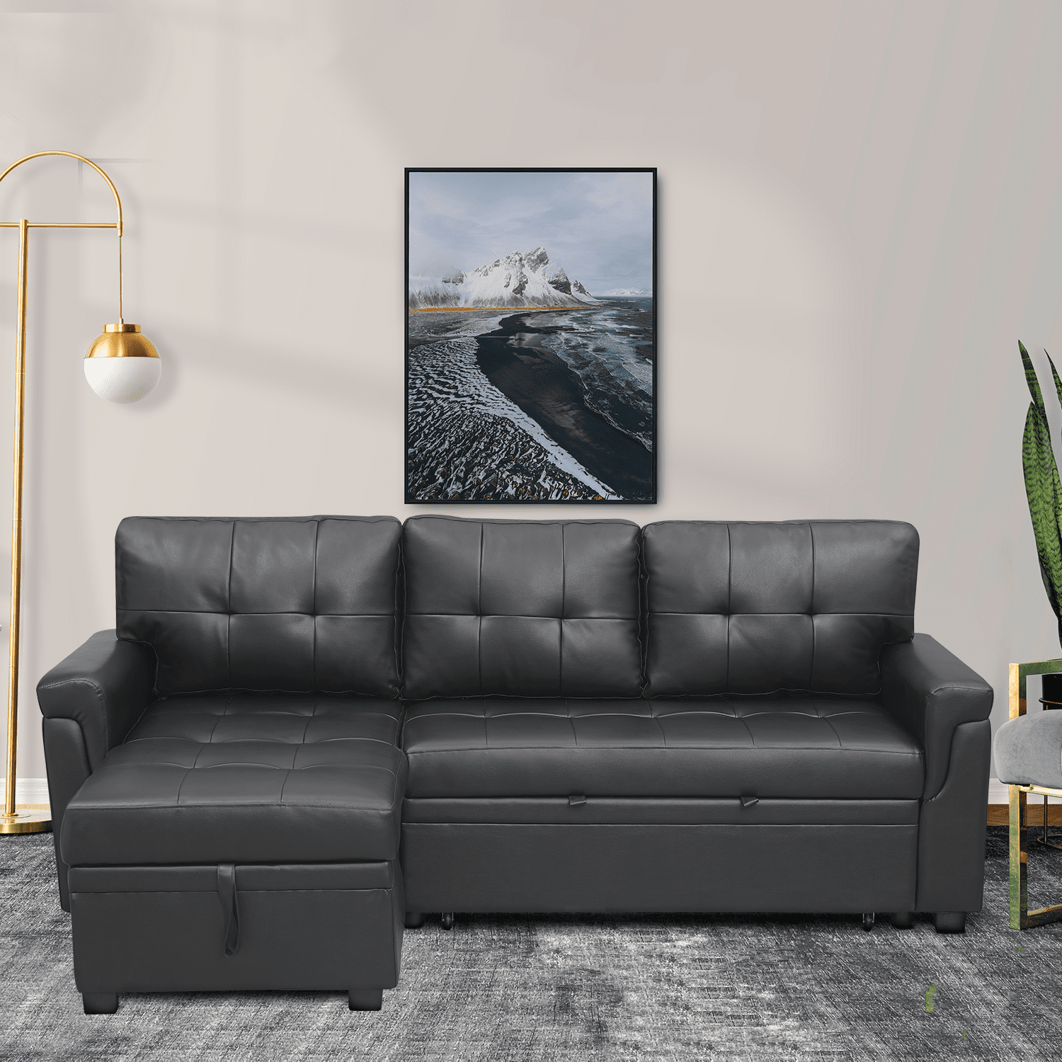 Sectional Leather Couch with Storage Chaise, Tufted Pull Out Couch with Storage, Sectional Bed, L-Shaped Faux Leather Sectional Sleeper Sofa, Black