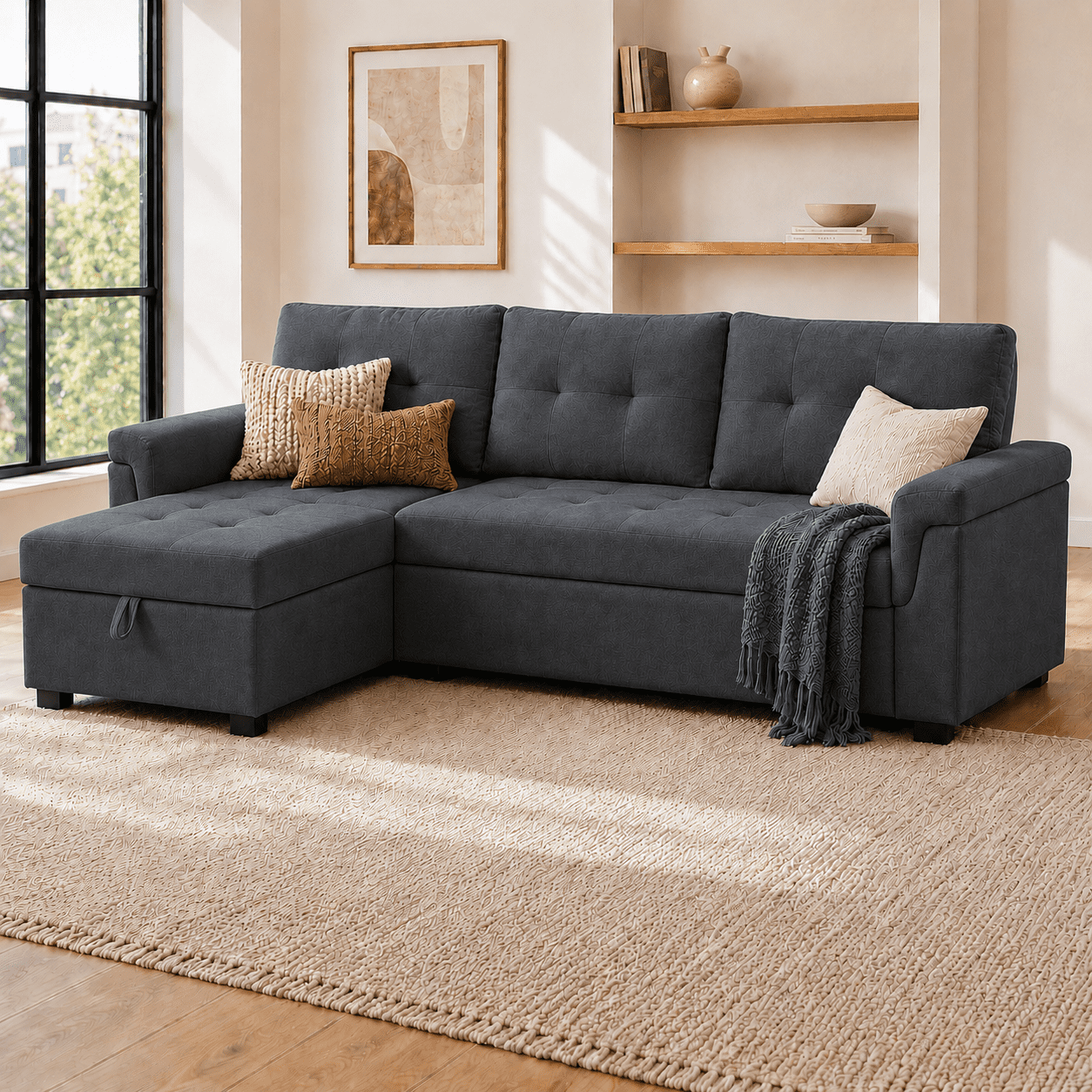 Naomi Home Living Room Collection L Shaped Velvet Convertible Sleeper and Storage Chaise Sectional Sofa with Sofa and Chaise, Dark Gray