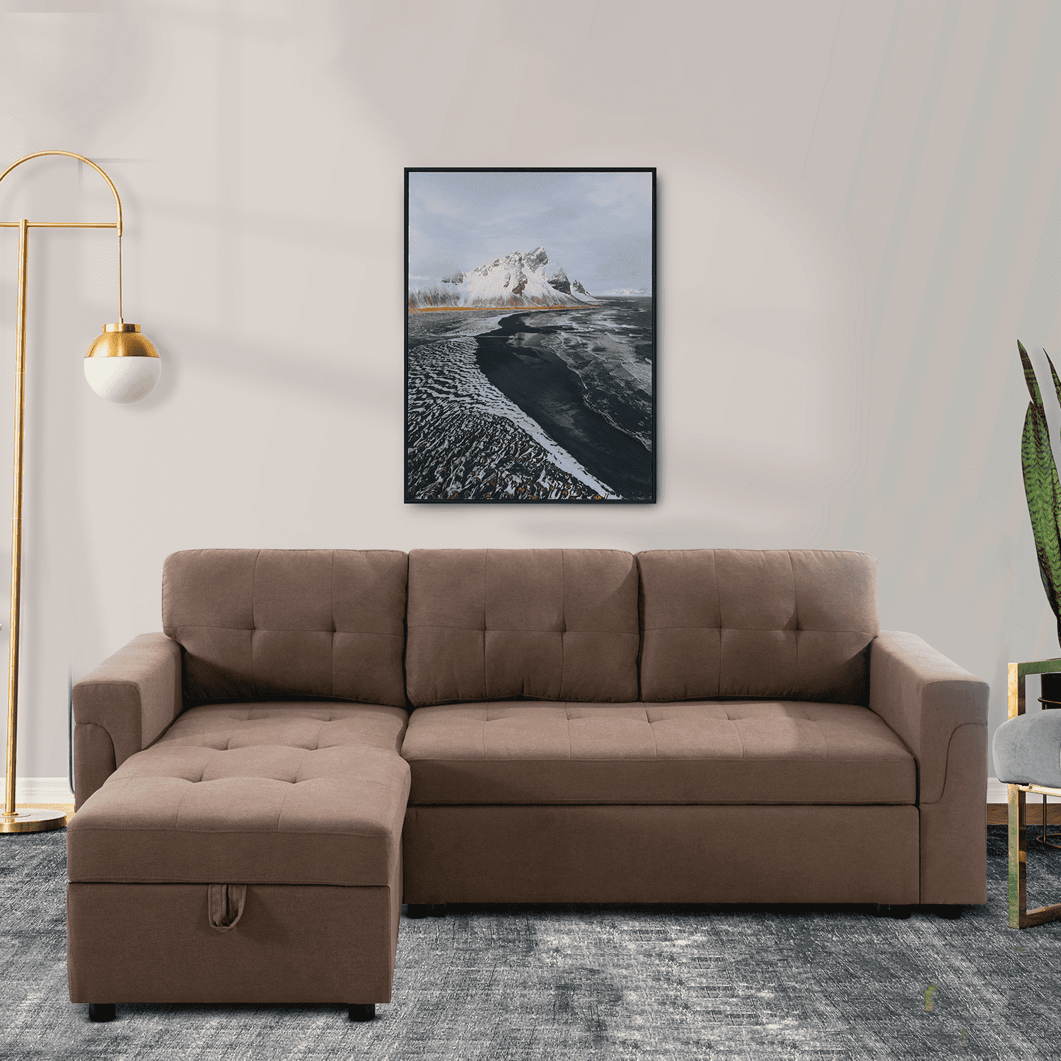 Naomi Home Sectional Sofa Sleeper with Storage Chaise, Tufted Pull-Out Couch with Storage, Sectional Sofa Bed, L-Shaped Reversible Sleeper Sofa with Storage, Mocha, Velvet