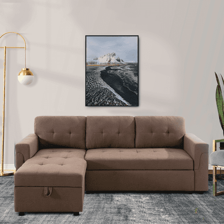 Naomi Home Sectional Sofa Sleeper with Storage Chaise, Tufted Pull-Out Couch with Storage, Sectional Sofa Bed, L-Shaped Reversible Sleeper Sofa with Storage, Mocha, Velvet
