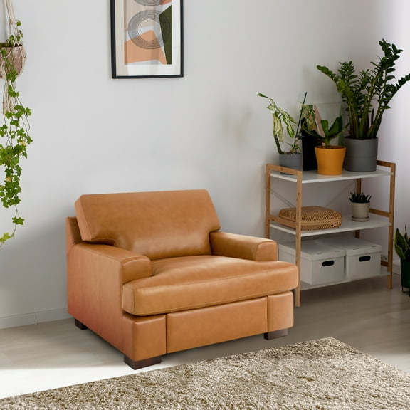Naomi Home Siggy Genuine Leather Accent Chair - Luxurious Comfort, Goose Feather Cushion Filling, Square Arm Design, Sturdy Block Legs, Elegant Tan - Ideal for Living Room, Office, or Bedroom