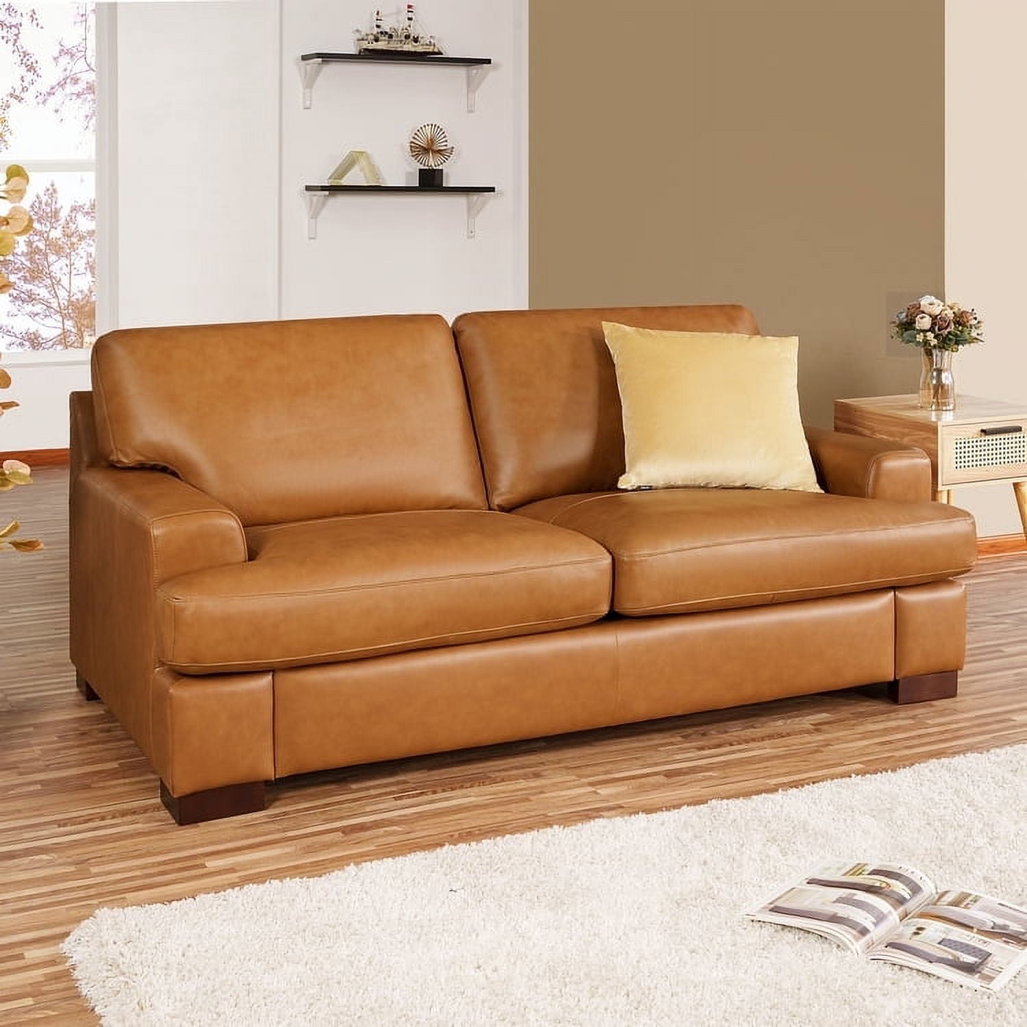 Tan Genuine Leather Loveseat with Track Arms and Goose Feather Cushions