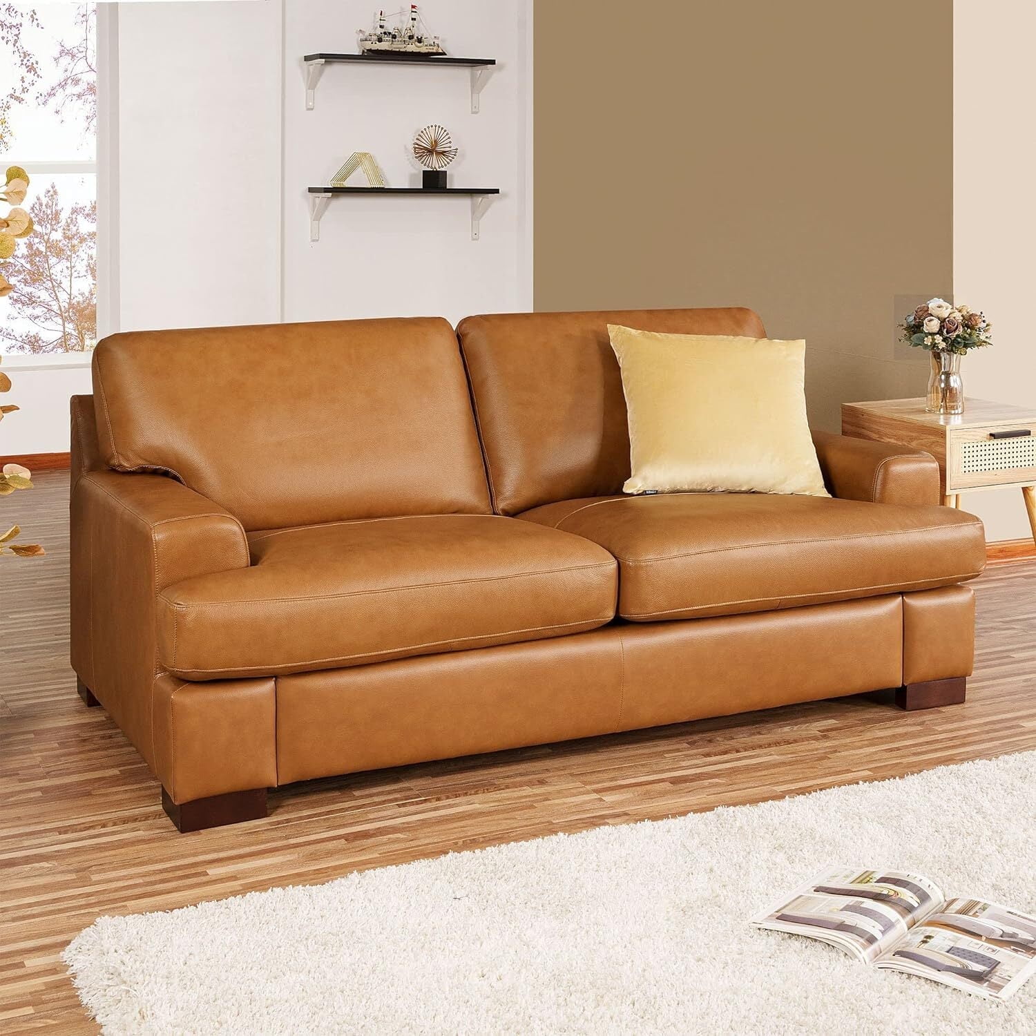 Tan Genuine Leather Loveseat with Track Arms and Goose Feather Cushions