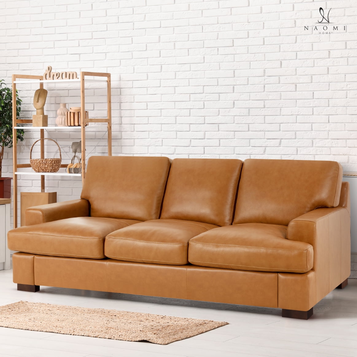 Tan Genuine Leather Sofa with Square Arms and Goose Feather Cushions