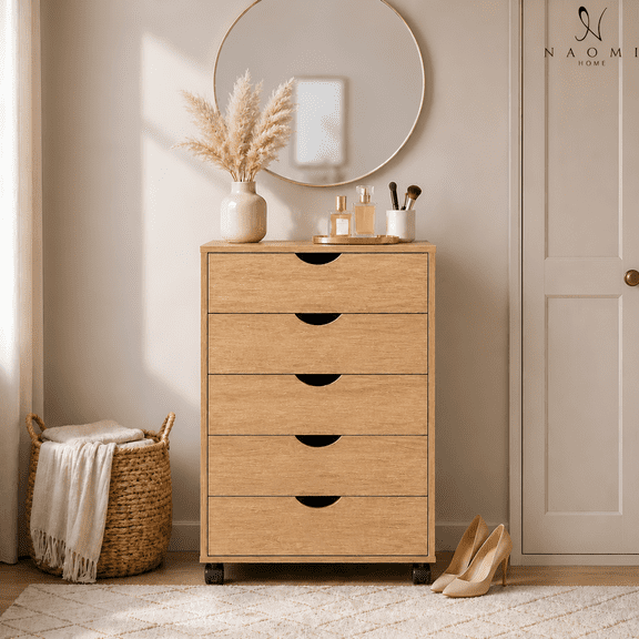 Naomi Home Taylor 5 Drawer Rolling Storage Cabinet with Lockable 360° Swivel Casters, Mobile Chest of Drawers, Engineered Wood Cabinet for Bedroom, Home Office, Living Room - Natural