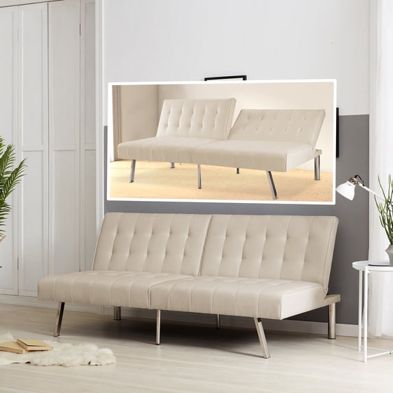 Naomi Home Tufted Split Back Futon Sofa Bed, Linen Couch Bed, Futon Convertible Sofa Bed with Chrome Legs, Folding, Reclining Small Convertible Couch, Futon Couches for Living Room Cream