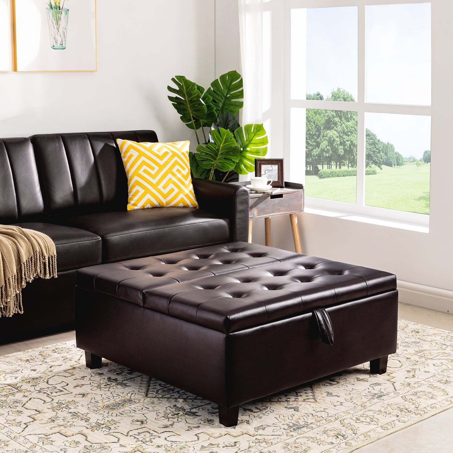 Espresso 35-Inch Tufted Upholstered Lift-Top Storage Ottoman