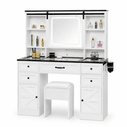 Naomi Home Vanya Makeup Vanity Desk with Sliding LED Mirror, 3 Color Lighting Modes, Glass Top, Charging Station, 5 Drawers, 2 Cabinets, Hidden Storage & Cushioned Stool, White