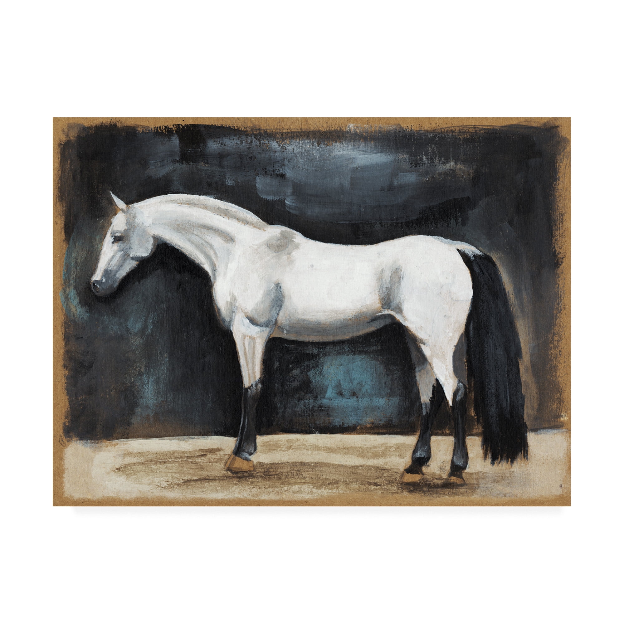 Large White Horse on Black Canvas Art