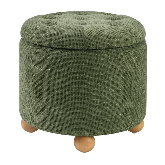 Naomi Storage Ottoman in Green Fabric with Natural Round Wood Feet