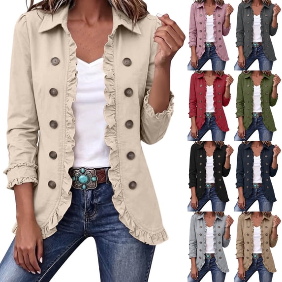 Naotn Open‑Front Ruffled Lapel Collar Jacket for Women Fall Trendy Casual Long Sleeve Button Down Outerwear