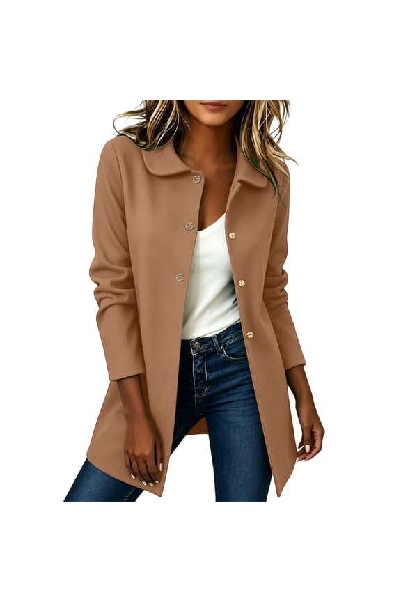 Peter Pan Collar Trench Coats for Women Fashion Casual Solid Color Long Sleeve Button Winter Jacket Outerwear
