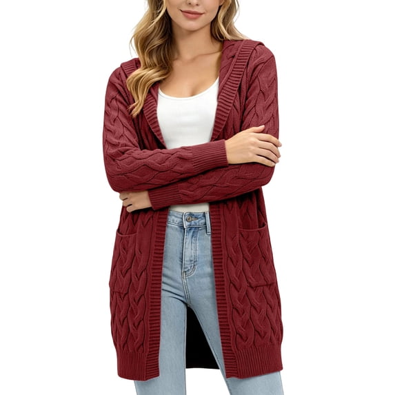 Naotn Plus Size Hooded Cardigan Sweaters for Women Trendy Fall Open Front Long‑Sleeve Cable Knit Loose Fit Tops with Side Pockets