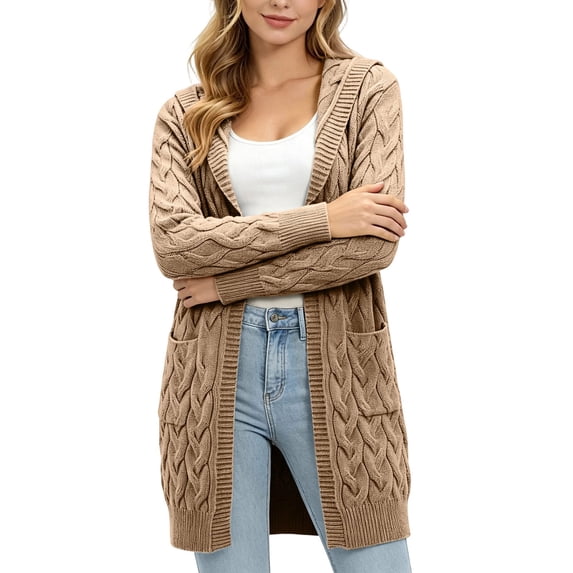 Naotn Plus Size Hooded Cardigan Sweaters for Women Trendy Fall Open Front Long‑Sleeve Cable Knit Loose Fit Tops with Side Pockets