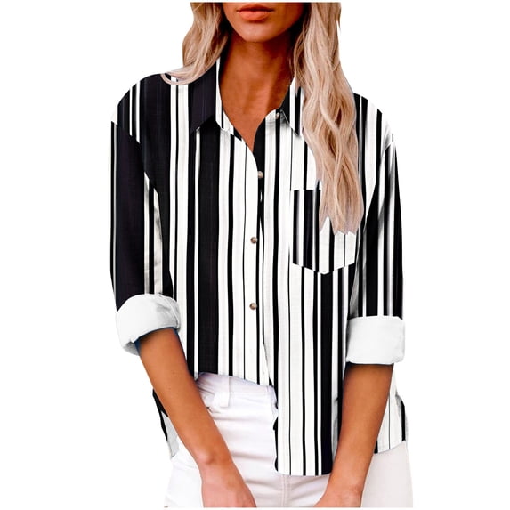 Naotn Plus Size Striped Print Linen Shirts for Women Fashion Casual ...