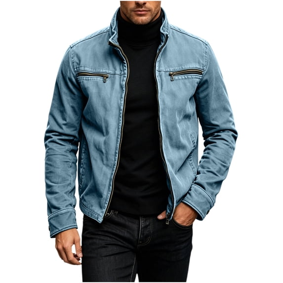 qafoshin Stand Collar Casual Jacket for Men, Fall Fashion Solid Color Long Sleeve Full‑Zip Outerwear with Pockets