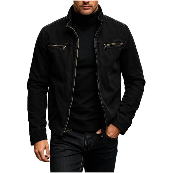 qafoshin Stand Collar Casual Jacket for Men, Fall Fashion Solid Color Long Sleeve Full‑Zip Outerwear with Pockets