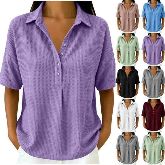 Naotn Summer Shirts for Women Fashion Casual Loose Fit Solid Color Snap Button Lapel Neck Short Sleeve Tops Trendy Vacation Beach Blouses