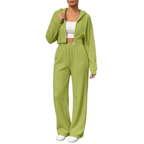 Naotn Women Ribbed Knit 2 Piece Sweatsuit Set, Full Zip Up Long Sleeve Cropped Hoodies Wide Leg Pants Matching Casual Sets