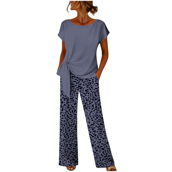 Naotn Women Two Piece Sets Summer Side Short Sleeve Knot Top Leopard Print Wide Leg Pants Matching Casual Set