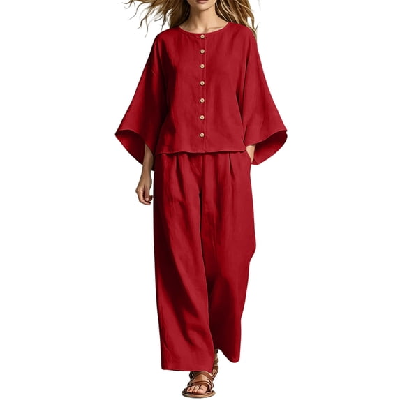 Naotn Women's 2 Piece Fall Outfits Crewneck Flowy Long Sleeve Shirts & Wide Leg Pants Casual Holiday Matching Sets