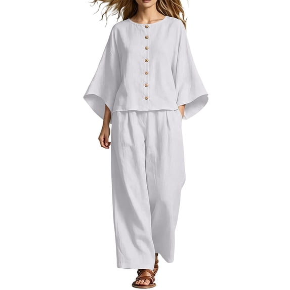 Naotn Women's 2 Piece Fall Outfits Crewneck Flowy Long Sleeve Shirts & Wide Leg Pants Casual Holiday Matching Sets