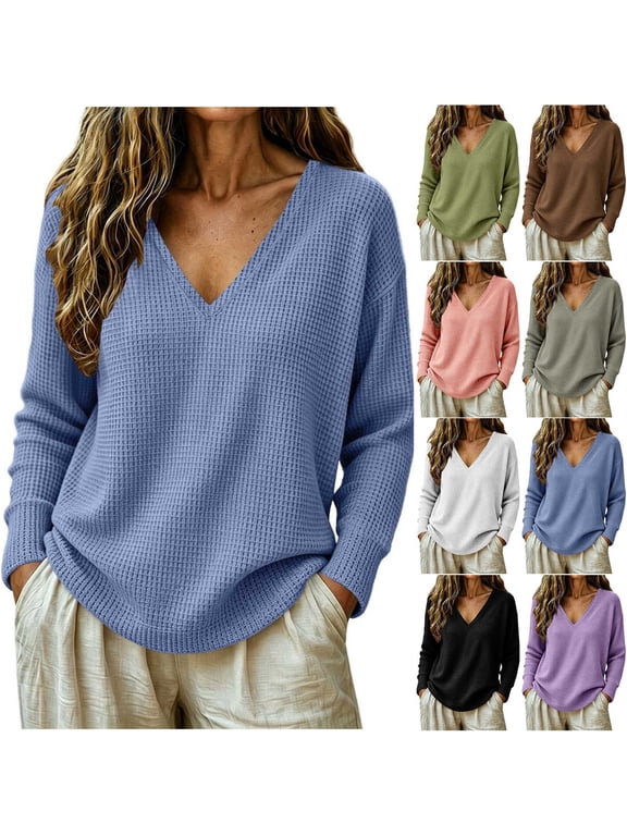 Women's Deep V Neck Sweater Tops Loose Oversized Long Sleeve Curved Hem Pullover Solid Color Casual Blouses