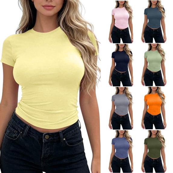 Naotn Womens Basic-fit T-shirts Summer Casual Stretchy Slim Fit Short Sleeve Workout Crop Tops Trendy Solid Color Tee