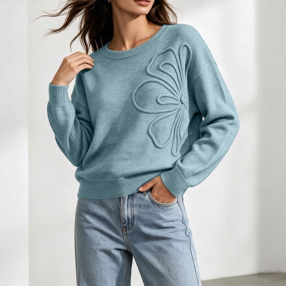 Naotn Womens V‑Neck Raised Floral Applique Sweaters, Loose Fit Long Sleeve Fall Tops, Casual Solid Color Knit Pullover
