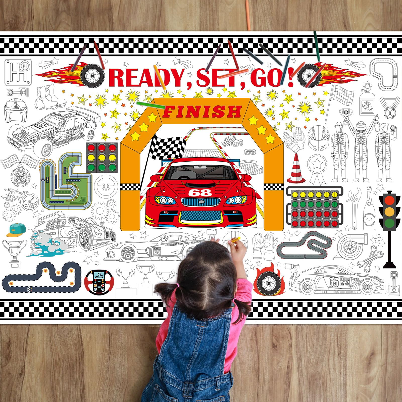 Naozinebi Race Car Coloring Poster for Kids Giant Racing Coloring ...