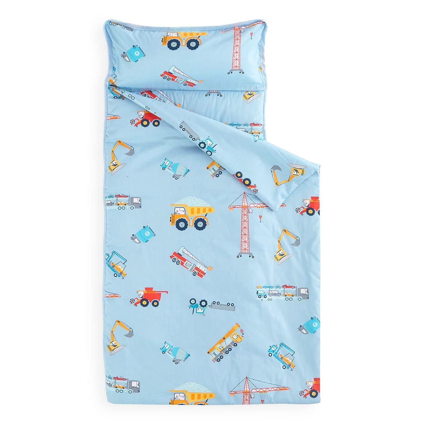 Nap Mat with Removable Pillow for Kids Toddler Boys Girls Daycare Preschool Kindergarten Sleeping Bag, Cars Cranes Excavators Trucks Printed on Blue, 100% Cotton with Microfiber Fill
