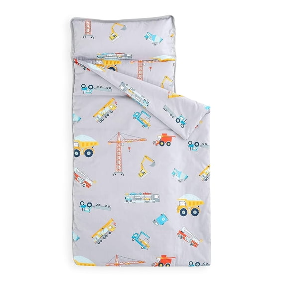 Nap Mat with Removable Pillow for Kids Toddler Boys Girls Daycare Preschool Kindergarten Sleeping Bag, Cars Cranes Excavators Trucks Printed on Gray, 100% Cotton with Microfiber Fill
