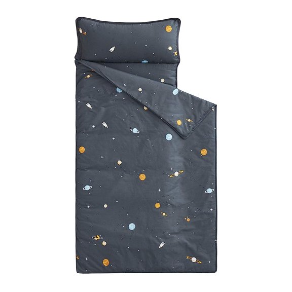 Nap Mat with Removable Pillow for Kids Toddler Boys Girls Daycare Preschool Kindergarten Sleeping Bag, Space Stars Rockets on Gray Grey, 100% Cotton with Microfiber Fill
