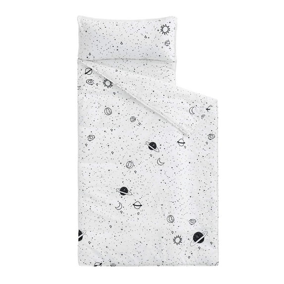 Nap Mat with Removable Pillow for Kids Toddler Boys Girls Daycare Preschool Kindergarten Sleeping Bag, Space Stars Rockets on White, 100% Cotton with Microfiber Fill