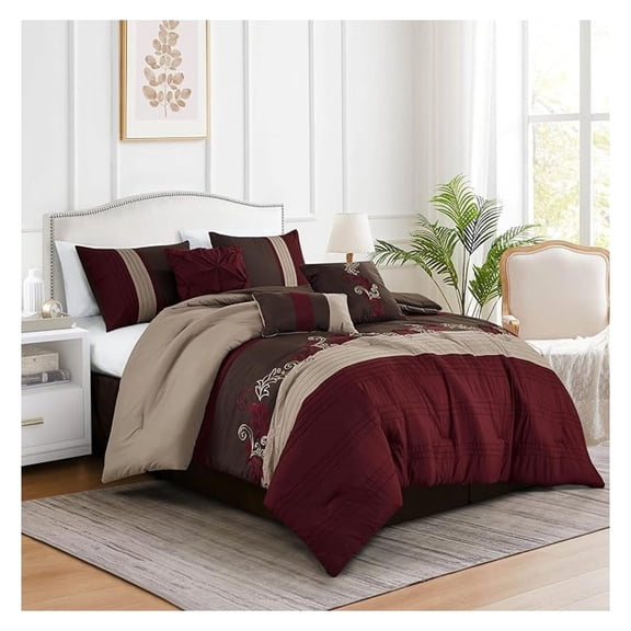 Napa 7-Piece Luxury Leaves Scroll Embroidery Bedding Comforter Set (Queen, Burgundy/Taupe/Brown)