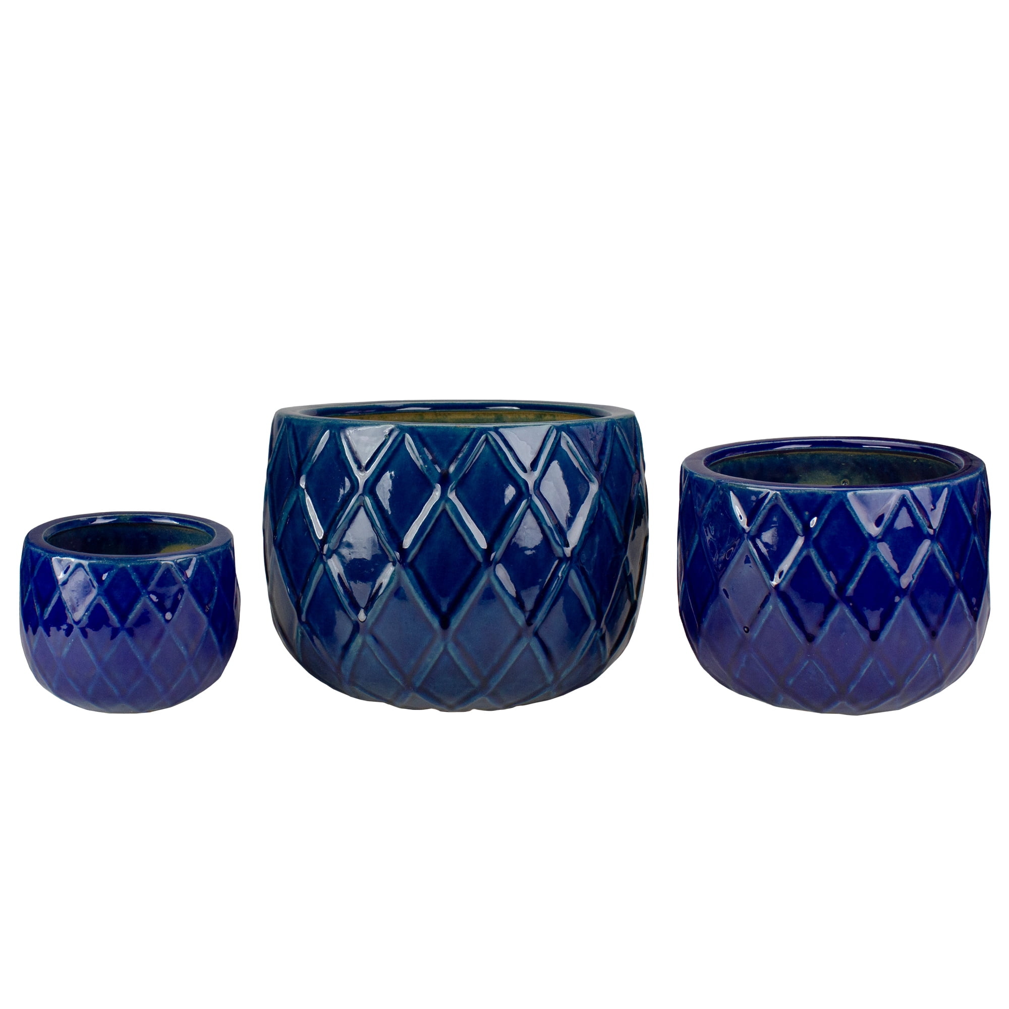 Set of 3 Blue Ceramic Textured Indoor Planters
