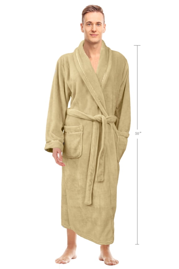 ® Mens Super Soft Warm Microfiber Fleece Plush Bathrobe Spa Robe with Pockets Latte