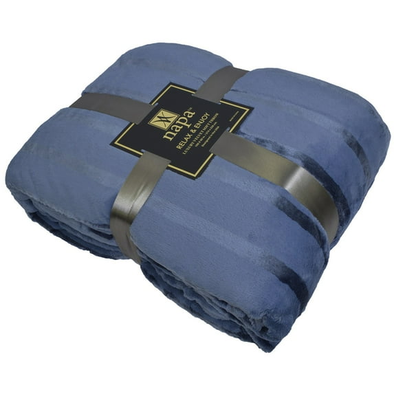 Napa Plush Throw Blanket Dark Blue, Twin 60"x90", Striped Reversible Velvet Luxury Fleece Warm Bed Couch Blanket, Super Soft and Cozy