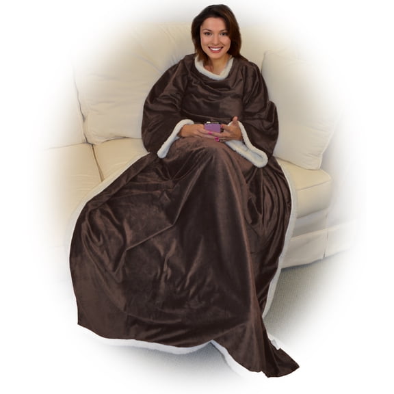 Napa Super Soft Warm Micro Plush TV Blanket with Sleeves for Women and Men, Fleece Sherpa Cozy Wrap Warm Wearable Throw Robe 72" x 50" - Brown