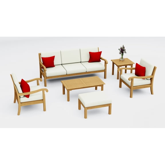 Napa Teak Wood 6 Pc Sofa Set: Sofa, 2 Lounge Chairs, Ottoman, Coffee Table & Side Table With Cushions in Outdoor Sunbrella Fabric #5404 Canvas Natural