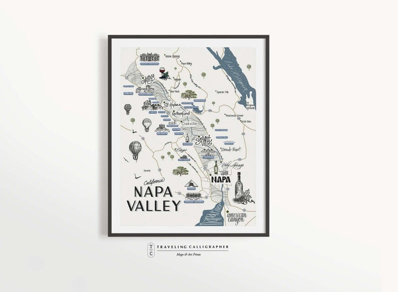 Napa Valley Wine Map Art Print - Hand-Lettered California Vineyard ...