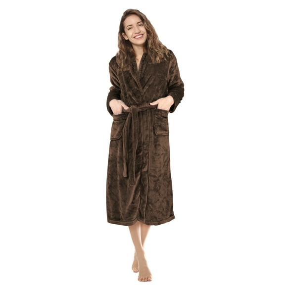Napa Women's Soft Warm Bathrobe, Microfiber Fleece Plush Hotel Spa Robe with Pockets, Robes for Women, Brown